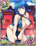  1girl ;) blue_hair blush breasts card_(medium) character_name chess_piece chinese_clothes cleavage closed_mouth green_hair hair_ornament high_school_dxd high_school_dxd_born knight_(chess) large_breasts leaning_forward looking_at_viewer multicolored_hair navel official_art one_eye_closed panties red_panties smile solo standing streaked_hair trading_card two-tone_hair underwear xenovia_quarta yellow_eyes 