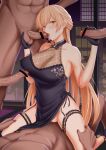  1girl armpit_peek bar_censor bare_shoulders black_dress black_gloves blonde_hair breasts censored china_dress chinese_clothes cleavage clothed_sex collarbone cowgirl_position double_handjob dress eyebrows_visible_through_hair fellatio garter_straps girls_frontline gloves group_sex handjob hetero highres large_breasts long_hair mingke open_mouth oral orange_eyes ots-14_(girls_frontline) penis sleeveless sleeveless_dress solo_focus straddling straight_hair testicle_grab testicles thigh_strap tongue window 