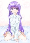  1girl absurdres angel_beats! bad_anatomy bad_feet bangs bare_legs barefoot bed blush closed_mouth eyebrows_visible_through_hair feet hair_between_eyes hand_to_own_mouth hands_on_own_face heart highres irie_(angel_beats!) key_(company) kneeling long_hair long_sleeves looking_at_viewer purple_eyes purple_hair shirt simple_background sitting sleeves_past_wrists solo zuzuhashi 