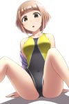  1girl bangs blunt_bangs breasts brown_eyes brown_hair collarbone competition_swimsuit covered_navel eyebrows_visible_through_hair feet_out_of_frame idolmaster idolmaster_cinderella_girls jacket kitami_yuzu medium_breasts one-piece_swimsuit open_mouth pataniito short_hair simple_background sitting solo spread_legs swimsuit two-tone_swimsuit white_background white_jacket 
