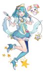  1girl :d absurdres antennae back_bow blue_bow blue_eyes blue_footwear blue_hair blue_legwear blue_neckwear bow bubble_skirt choker coletta_(colet_colettia) creature cure_milky full_body fuwa_(precure) hagoromo_lala hair_ornament highres holding holding_pen looking_at_viewer magical_girl open_mouth pantyhose pen pointy_ears precure shoes short_hair simple_background single_leg_pantyhose skirt smile star star_color_pen star_hair_ornament star_twinkle_precure white_background wrist_cuffs 