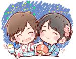  2girls :&gt; :d ^_^ akb48 black_hair blue_kimono blush_stickers brown_hair character_name chibi closed_eyes commentary_request eyes_closed fan flower hair_bun hair_flower hair_ornament holding holding_fan japanese_clothes kimono long_sleeves mole mole_under_mouth multiple_girls murayama_yuiri obi okada_nana open_mouth paper_fan real_life sash shaved_ice short_hair smile taneda_yuuta uchiwa upper_body 