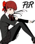  1girl black_jacket black_legwear bow copyright_name hair_bow highres jacket long_hair looking_at_viewer official_style parted_lips persona persona_5 persona_5_the_royal pleated_skirt ponytail red_hair rubysp_720 shuujin_academy_uniform simple_background sitting skirt smile soejima_shigenori_(style) solo twitter_username white_background 