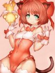  1girl animal_ears bare_shoulders breasts brown_hair cameltoe card_captor_sakura cat_ears cat_tail commentary_request covered_navel erect_nipples fumio_(rsqkr) gloves green_eyes hair_intakes highres kero kinomoto_sakura looking_at_viewer pink_background short_hair simple_background small_breasts smile tail white_gloves 
