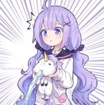  1girl ahoge alternate_costume alternate_hairstyle anchor_print azur_lane cardigan long_hair low_twintails phandit_thirathon purple_eyes purple_hair sailor_collar scrunchie solo stuffed_animal stuffed_toy surprised twintails unicorn unicorn_(azur_lane) water 