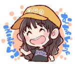  1girl :d ^_^ akb48 bangs baseball_cap black_hair black_shirt chibi closed_eyes clothes_writing commentary_request eyes_closed hand_up hat open_mouth real_life shirt short_sleeves smile solo t-shirt taneda_yuuta translation_request upper_body yabushita_shuu yellow_headwear 