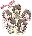  1girl :d ^_^ akb48 bangs black_hair black_jacket blue_shirt blush_stickers chibi clenched_hand closed_eyes commentary_request dress epaulettes eyes_closed green_neckwear green_skirt holding holding_microphone jacket jewelry long_hair microphone microphone_stand military military_uniform miniskirt mole mole_under_mouth multiple_views murayama_yuiri necklace necktie o_o open_mouth outstretched_arm pearl_necklace pleated_skirt real_life shirt short_sleeves skirt smile taneda_yuuta translation_request uniform white_dress 