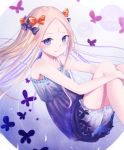  1girl abigail_williams_(fate/grand_order) adapted_costume bangs bare_arms bare_shoulders black_bow blonde_hair bloomers blue_eyes blush bow bug butterfly closed_mouth commentary_request copyright_name dated dress fate/grand_order fate_(series) forehead hair_bow highres insect knees_up long_hair looking_at_viewer orange_bow parted_bangs polka_dot polka_dot_bow purple_dress sanka_tan signature sleeveless sleeveless_dress smile solo underwear very_long_hair white_bloomers 