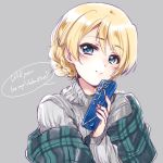  1girl artist_name bangs blonde_hair blue_eyes braid casual closed_mouth commentary darjeeling english_text eyebrows_visible_through_hair gift girls_und_panzer grey_sweater head_tilt highres holding holding_gift kuroi_mimei light_blush looking_at_viewer ribbed_sweater shawl short_hair signature sketch smile solo sweater tied_hair turtleneck upper_body valentine 