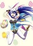  1girl animal_ears blue_eyes blue_hair bunny_ears bunny_pose bunnysuit easter_egg egg fire_emblem fire_emblem:_kakusei fire_emblem_heroes full_body gloves gold_footwear gzo1206 highres long_hair looking_at_viewer lucina nintendo open_mouth pantyhose patterned_background shoes sleeveless smile solo white_gloves white_legwear 