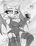  alcohol anthro beverage breasts chiropteran clothed clothing female garter_straps greyscale looking_at_viewer macmegagerc mammal monochrome rouge_the_bat smile solo sonic_(series) standing wide_hips wine wings 
