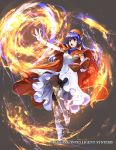  1girl blue_eyes blue_hair book cape dress fire fire_emblem fire_emblem:_fuuin_no_tsurugi fire_emblem_cipher full_body gloves hat jewelry lilina long_hair magic nintendo official_art open_mouth pantyhose simple_background solo wada_sachiko 