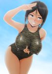  1girl black_hair blue_eyes blush breasts chouno_ami erect_nipples girls_und_panzer highres large_breasts nanashi_noiji smile solo swimsuit swimwear 