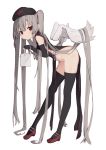  1girl absurdly_long_hair angel_wings bag bare_shoulders bent_over black_dress black_headwear black_legwear closed_mouth detached_sleeves dress expressionless from_side full_body grey_hair highres holding holding_bag long_hair long_sleeves looking_at_viewer looking_to_the_side no_panties nurse original paryi pelvic_curtain red_eyes red_footwear shoes simple_background solo thighhighs thighs twintails very_long_hair white_background wings 