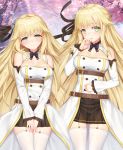  1girl aurora_(f10)_(azur_lane) azur_lane bangs bare_shoulders belt blonde_hair blush bow bowtie breasts brown_skirt cherry_blossoms cherrybell cleavage closed_mouth detached_collar detached_sleeves dress eyebrows_visible_through_hair green_eyes hair_flaps hair_ornament hair_ribbon hand_up lace-trimmed_sleeves large_breasts long_hair long_sleeves looking_at_viewer multiple_belts open_mouth pleated_skirt purple_neckwear ribbon skirt smile thighhighs very_long_hair white_legwear 