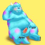  2015 anthro balls belly blue_eyes disney erection humanoid_hands humanoid_penis male monster monsters_inc moobs overweight overweight_male penis penta002 pixar simple_background sitting solo sulley yellow_background 