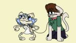  all_fours animaanimals animated anthro blue_hair blush brown_hair clothed clothing duo eyes_visible_through_hair felid feline fully_clothed hair leash looking_at_another mammal simple_background standing tagme toony white_background 