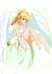  1girl absurdres alternate_costume angel_wings bare_arms bare_shoulders barefoot blonde_hair braid breasts choker cleavage collarbone commentary_request dress eyebrows_visible_through_hair freekenji422 green_choker green_eyes hair_between_eyes hair_ornament highres knee_up large_breasts leafa long_hair looking_at_viewer pointy_ears ponytail sleeveless sleeveless_dress smile solo sword_art_online twin_braids white_dress white_wings wings wristband 