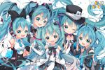  5girls ace_of_spades aqua_eyes aqua_hair arami_o_8 bare_shoulders black_bow bow bowtie card commentary detached_sleeves double-breasted english_commentary gloves hair_bow hair_ornament hand_holding hat hatsune_miku headphones headset long_hair looking_at_viewer magical_mirai_(vocaloid) multiple_girls multiple_persona necktie reaching_out shirt skirt sleeveless sleeveless_shirt smile sparkle symbol_commentary top_hat twintails very_long_hair vocaloid 