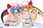  2girls alternate_breast_size apron bat_wings blonde_hair blue_hair blush breasts chocolate chocolate_making cleavage collarbone eyebrows eyebrows_visible_through_hair fang finger_licking flandre_scarlet hat large_breasts licking long_hair multiple_girls naked_apron no_bra open_mouth ponytail red_eyes remilia_scarlet short_hair siblings side_ponytail sisters smile tongue touhou wings 
