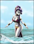  2019 absurd_res anthro astraldog bikini breasts cleavage clothed clothing collar equid female friendship_is_magic hair hi_res horn jewelry loincloth looking_at_viewer mammal my_little_pony outside ponytail purple_hair rarity_(mlp) skimpy slave slave_leia solo swimsuit unicorn 