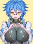  1girl asamura_hiori bare_shoulders blue_hair breasts cleavage elbow_gloves glasses gloves headphones highres large_breasts looking_at_viewer ludmila_lourie madan_no_ou_to_vanadis phantasy_star phantasy_star_online_2 short_hair solo yellow_eyes 