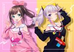  2girls :d a.i._channel aqua_eyes arm_up arms_up badge black_sweater brown_hair character_name clothes_writing earrings grin hair_ornament hair_ribbon hand_to_forehead haruyuki_14 heart heart_earrings heart_print hood hood_down jewelry kaguya_luna kizuna_ai lavender_hair long_sleeves looking_at_viewer multiple_girls off_shoulder one_eye_closed open_hand open_mouth pink_background pink_sweater ponytail ribbon short_hair smile standing sweater teeth the_moon_studio two-tone_background two_side_up upper_body upper_teeth v virtual_youtuber white_hoodie yellow_background 