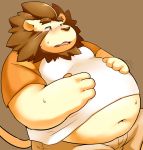  12beat13 2015 anthro belly blush clothing felid humanoid_hands kemono lion male mammal navel overweight overweight_male pantherine shirt shorts solo 