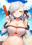  1girl alternate_costume bangs bare_shoulders beach bikini black_ribbon blue_sky blush breasts center_opening cleavage cloud collarbone day eating eyebrows_visible_through_hair eyes_closed facing_viewer food full_mouth girls_frontline groin hair_ornament hair_ribbon hands_up highres holding holding_food jacket kinsenka_momi large_breasts long_hair navel ocean open_clothes open_jacket outdoors ribbon sand silver_hair sky smile solo spas-12_(girls_frontline) sweat swimsuit tongue tongue_out twintails 