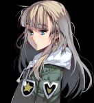 1girl bangs black_background blonde_hair blue_eyes blunt_bangs chestnut_mouth eyebrows_visible_through_hair highres jacket long_hair looking_at_viewer masao military original profile solo upper_body 