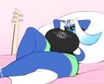  averyshadydolphin bed big_breasts black_sclera blue_skin breasts clothing dragon eyebrows female green_eyes guitar hair huge_breasts jou markings miajou musical_instrument pillow shirt short_tail shorts t-shirt thick_thighs white_hair white_markings wide_hips 