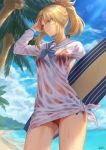  1girl bangs beach bikini blonde_hair blue_sky braid breasts cloud day eyebrows_visible_through_hair fate/grand_order fate_(series) green_eyes hair_ornament hair_scrunchie hand_up highres holding_surfboard long_hair long_sleeves looking_afar mashu_003 medium_breasts mordred_(fate)_(all) ocean orange_scrunchie outdoors palm_tree parted_lips ponytail red_bikini sailor_collar sand scrunchie shirt signature sky solo surfboard swimsuit thighs tree twitter_username wet wet_clothes white_shirt 