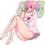  1girl aqua_hair ass barefoot blush bottomless bracelet breasts eyebrows_visible_through_hair full_body idolmaster jewelry large_breasts legs looking_at_viewer lying matching_hair/eyes multicolored_hair on_side parted_lips pillow pink_eyes pink_hair pink_shirt shirt short_hair simple_background solo t-shirt toriseru_(thesuperhero) two-tone_hair white_background yumemi_riamu 