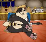 &lt;3 2019 anthro armello barefoot bed big_butt blush butt castle clothing elyssia_(armello) english_text female fluffy half-closed_eyes hand_on_butt hat headwear hindpaw inside lagomorph long_ears looking_at_viewer looking_back lying mammal multicolor ninjamoon panties pawpads paws pillow pouty presenting presenting_hindquarters rabbit raised_leg rear_view striped_panties technic-wolf text thick_thighs tsundere underwear video_games 