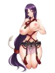  1girl blue_eyes blush breasts closed_mouth eyebrows_visible_through_hair fate/grand_order fate_(series) full_body half-closed_eyes highres kneeling large_breasts long_hair looking_at_viewer minamoto_no_raikou_(fate/grand_order) nipples purple_hair simple_background smile solo thigh_gap topless toriseru_(thesuperhero) very_long_hair white_background 