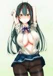  1girl areola_slip areolae arms_behind_head azur_lane bangs black_hair black_legwear blue_skirt blush breasts cleavage collared_shirt commentary_request erect_nipples eyebrows_visible_through_hair gloves gradient hair_between_eyes large_breasts long_hair looking_at_viewer navel ohto_geri oni_horns open_clothes open_shirt panties panties_under_pantyhose pantyhose parted_lips pleated_skirt school_uniform see-through shirt skirt skirt_lift solo standing suzuya_(azur_lane) thighband_pantyhose underwear very_long_hair white_gloves white_shirt yellow_eyes 