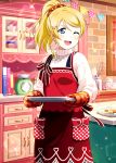  1girl ;d apron ayase_eli bangs blonde_hair blue_eyes blush bow hair_between_eyes hair_ornament hair_scrunchie high_ponytail highres holding holding_plate indoors ink_(pixiv25450915) long_hair long_sleeves love_live! love_live!_school_idol_project mittens one_eye_closed open_mouth plate print_apron red_apron red_bow red_scrunchie scrunchie smile solo sparkle standing striped striped_scrunchie sweater swept_bangs turtleneck turtleneck_sweater white_sweater 