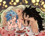  1boy 1girl :q bed_sheet black_hair blue_hair breasts brown_eyes cleavage couple fairy_tail food gajeel_redfox happy_valentine head_rest heart heart_pillow jewelry levy_mcgarden long_hair lying medium_breasts necklace nose_piercing off_shoulder on_back petals piercing pillow rusky sleeveless spiked_hair tongue tongue_out twitter_username under_covers upper_body 