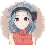  1girl aria_404 black_hairband blue_hair brown_eyes fairy_tail hairband levy_mcgarden looking_at_viewer portrait red_vest ribbed_sweater short_hair smile solo sweater vest 