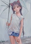  1girl animal_ears braid butterfly_earrings cat_ears extra_ears feiqizi_(fkey) fkey grey_hair head_tilt highres holding holding_umbrella long_hair original red_eyes shirt shorts sketch solo teruterubouzu transparent transparent_umbrella twin_braids umbrella wet wet_clothes wet_hair white_shirt 