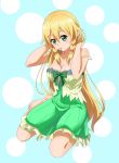  1girl bare_arms bare_shoulders barefoot blonde_hair bow braid breasts camisole cleavage collarbone commentary_request eyebrows_visible_through_hair freekenji422 green_bow green_camisole green_eyes hair_between_eyes hair_down hair_tie highres kneeling large_breasts leafa long_hair looking_at_viewer mouth_hold off_shoulder pointy_ears sleeveless solo sword_art_online twin_braids very_long_hair 