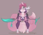  2019 abs anthro breasts canid canine cleavage clothed clothing conditional_dnp digital_media_(artwork) female fox hair hair_over_eye hi_res holding_object holding_weapon looking_at_viewer mammal melee_weapon multi_tail pink_eyes pink_hair rai_(wyntersun) signature simple_background solo weapon wyntersun 