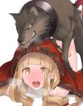  1girl :d all_fours bangs bestiality blonde_hair blunt_bangs blush commentary_request eyebrows_visible_through_hair heavy_breathing highres hikichi_sakuya hood little_red_riding_hood_(sinoalice) long_hair open_mouth red_hood saliva sex simple_background sinoalice smile solo sparkling_eyes teeth white_background wolf yellow_eyes 