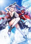  1girl armpits azur_lane belt blue_sky blush boots breasts buckle cannon cloud eyebrows_visible_through_hair fingerless_gloves gleam glint gloves grenville_(azur_lane) gun hair_between_eyes hair_ornament highres holding holding_gun holding_weapon jacket jacket_on_shoulders jumping ken_ill large_breasts long_hair looking_afar off_shoulder open_mouth outdoors purple_hair red_eyes red_jacket rigging side_ponytail sky sleeveless smile solo splashing sunlight thighhighs torpedo_launcher underbust water_drop weapon white_legwear 