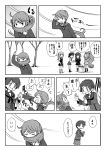  6+girls akebono_(kantai_collection) blush comic commentary_request cowboy_shot full_body hatsuharu_(kantai_collection) hatsushimo_(kantai_collection) highres kantai_collection kasumi_(kantai_collection) long_hair mogami_(kantai_collection) monochrome multiple_girls okinami_(kantai_collection) open_mouth otoufu ponytail punching school_uniform serafuku short_hair side_ponytail standing sweater translation_request tree upper_body wind 