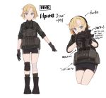  1girl absurdres aks-74u assault_rifle bandage bandaged_leg bandages bike_shorts blonde_hair blue_eyes boots character_sheet commentary directional_arrow dragoncastle ear_protection english_text escape_from_tarkov eyebrows_visible_through_hair gloves gun highres holding holding_gun holding_weapon kneehighs korean_text load_bearing_vest original rifle russian_text short_hair single_knee_pad weapon white_background 