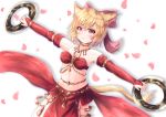  1girl animal_ears bandeau bangs blonde_hair blush bow breasts bridal_gauntlets cat_ears cat_tail chakram choker cleavage cocoasabure commentary_request cowboy_shot dancer elbow_gloves eyebrows_visible_through_hair final_fantasy final_fantasy_xiv gloves hair_between_eyes hair_bow harem_outfit highres holding holding_weapon jewelry looking_at_viewer medium_breasts miqo&#039;te outstretched_arms pelvic_curtain petals pink_bow red_eyes red_gloves shadow short_hair simple_background smile solo standing stomach tail weapon white_background 