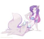  2019 5_fingers anthro barefoot blue_eyes breasts canid canine clothed clothing digital_media_(artwork) female hair hi_res looking_at_viewer mammal midriff navel purple_hair simple_background smile solo vexstacy 