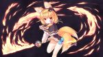 1girl animal_ears bangs black_background black_capelet black_headwear blue_bow blush bow brown_hair capelet closed_mouth commentary_request dress ears_through_headwear eyebrows_visible_through_hair fire flaming_sword flower_knight_girl fox_ears fox_girl fox_tail frilled_capelet frills hair_between_eyes hairband hat highres holding holding_sword holding_weapon hood hood_up hooded_capelet kitsune kitsune_no_botan_(flower_knight_girl) long_sleeves looking_at_viewer mini_hat mini_top_hat multiple_tails red_eyes sidelocks solo standing standing_on_one_leg sword tail tilted_headwear top_hat two_tails weapon white_dress yellow_hairband yuku_(kiollion) 