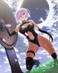  1girl absurdres black_gloves black_legwear black_leotard black_sun breasts cleavage cloud cloudy_sky elbow_gloves fate/grand_order fate_(series) from_below gloves grass hair_over_one_eye highres kneeling large_breasts lavender_hair leotard looking_at_viewer mash_kyrielight navel navel_cutout outdoors purple_eyes shield short_hair sky smile solo sun thigh_strap thighhighs 